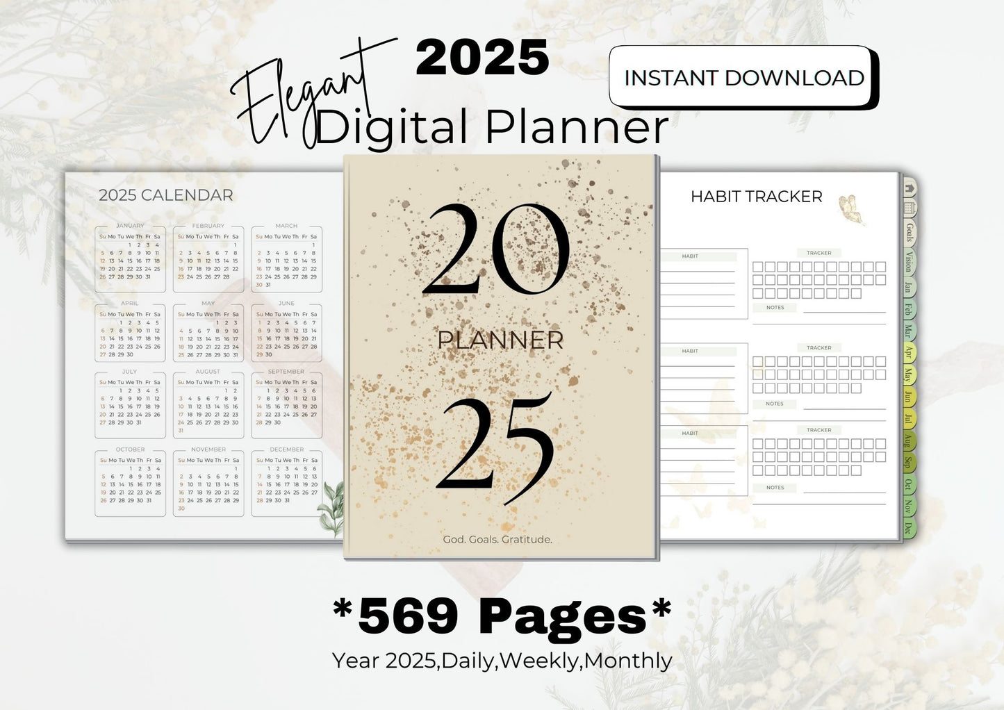 2025 Planner *Daily, Weekly,Monthly, JAN-DEC 2025* 569 pages Digital Planner for Goodnotes, Notability etc.. | Aesthetic Planner | Minimalist Modern Planner| Dated | The Elegant Planner