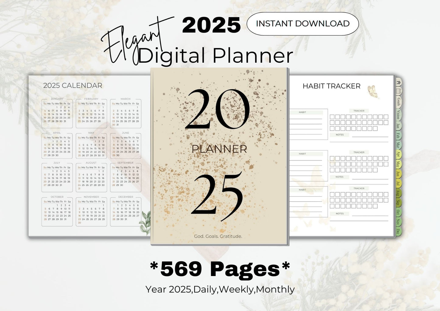 2025 Planner *Daily, Weekly,Monthly, JAN-DEC 2025* 569 pages Digital Planner for Goodnotes, Notability etc.. | Aesthetic Planner | Minimalist Modern Planner| Dated | The Elegant Planner