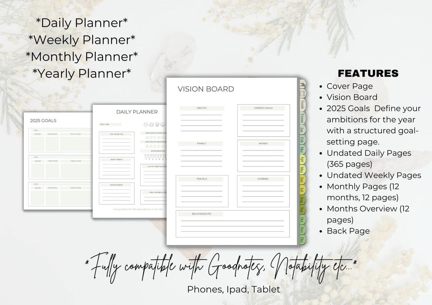 2025 Planner *Daily, Weekly,Monthly, JAN-DEC 2025* 569 pages Digital Planner for Goodnotes, Notability etc.. | Aesthetic Planner | Minimalist Modern Planner| Dated | The Elegant Planner